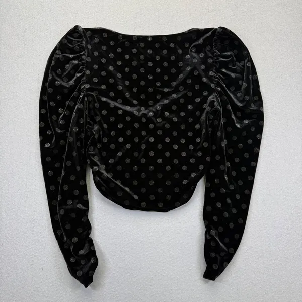 For Love & Lemons Black Velvet Polka Dot Ruched Lace Up Crop‎ Top CT1539-HO19 S - Image 9