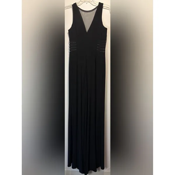 Nightway Black Maxi Dress Gown Sheer Front + Side Cutout Details Slit Size 8 - Image 2