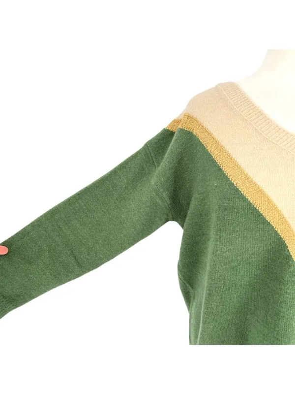 Aaron & Amber Chevron V-Neck Sweater Cabincore 70s Retro Beige Gold Green Medium - Image 4