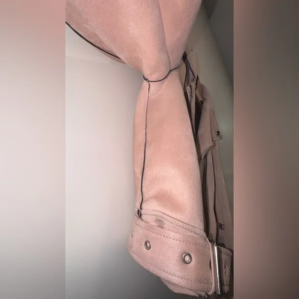 Zara Pink Moto Jacket Faux Suede Cropped Belted Size M Biker Zip Cuffs Y2K chic - Image 11