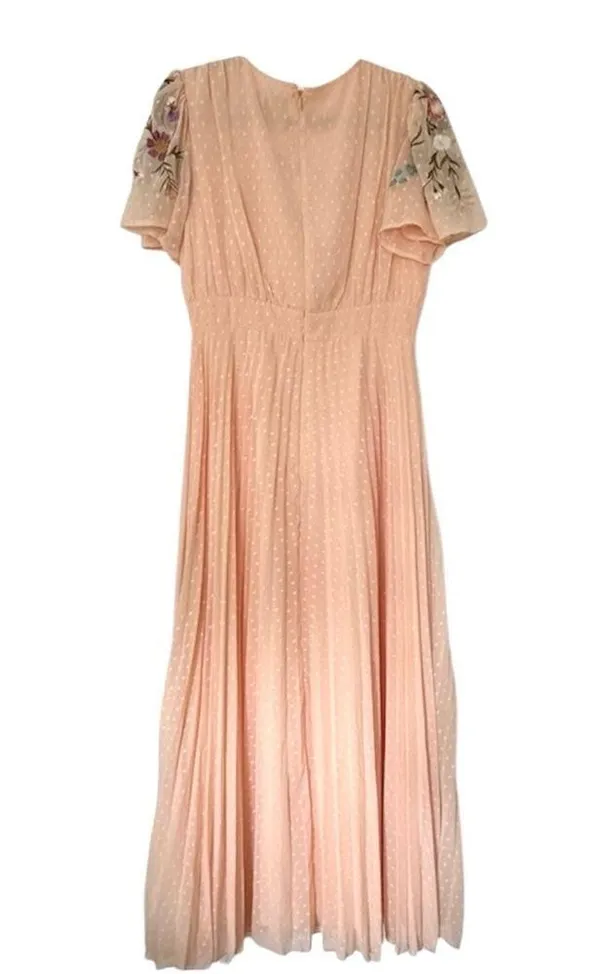 ASOS Women’s Floral Embroidered Cowl Neck Swiss Dot Pleated Maxi Dress Slit 8T - Image 5