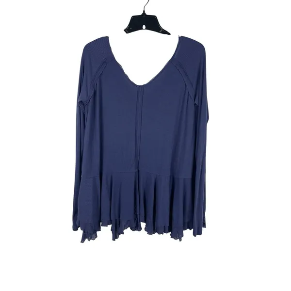 Free People We The Free Blue Ribbed Peplum Top Oversized XS Boho Raw Hem L Vneck - Image 5