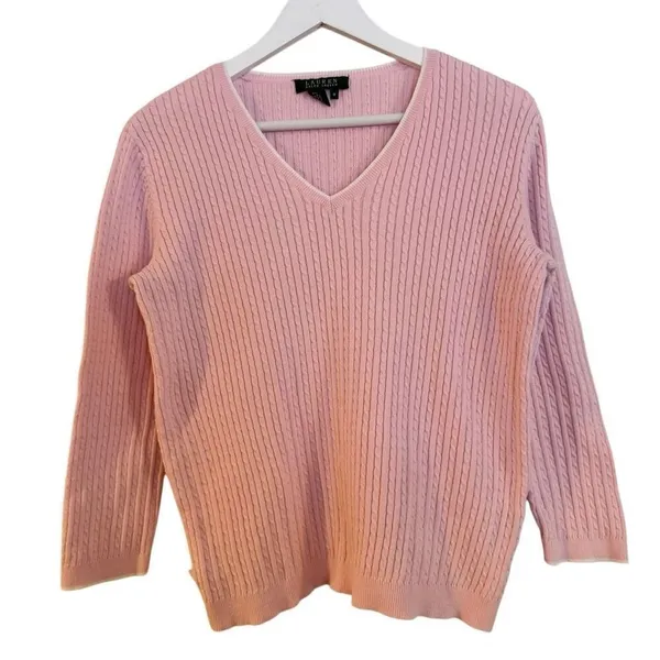 Lauren Ralph Lauren 100% cotton pink cableknit vneck sweater M - Image 7