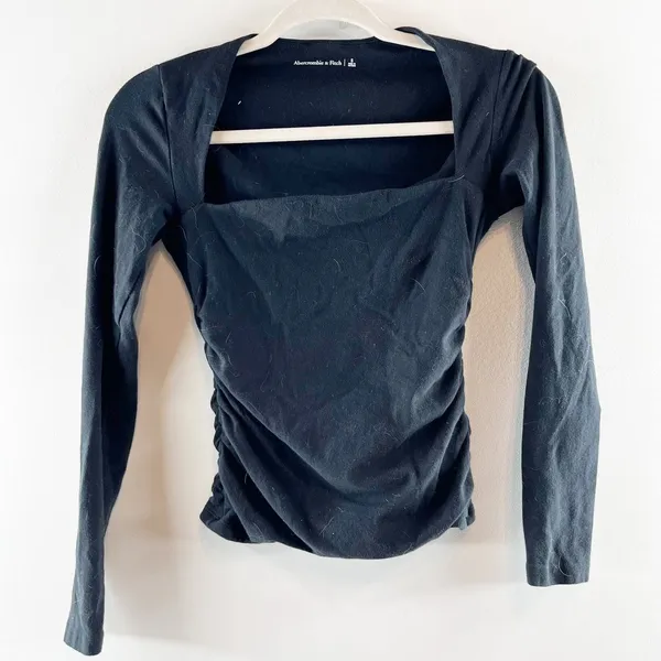 Abercrombie Ava Ruched Square Neck Long Sleeve Top Black Small - Image 2