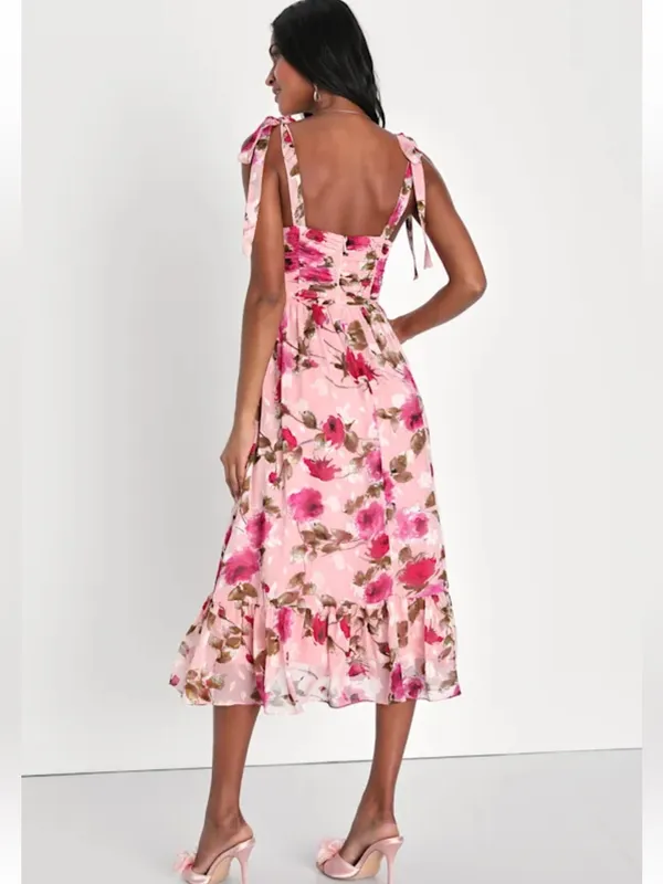 Lulu’s Pink Floral Tie-Shoulder Midi Dress - Image 3