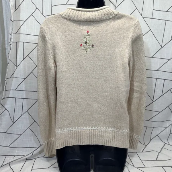 Christopher & Banks Sweater Small Beige Santa Hand Embroidered Christmas Holiday - Image 2