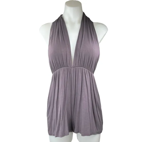 Lulus Purple Halter Plunge V Neck Sleeveless Open Back Romper Shorts Size L - Image 2