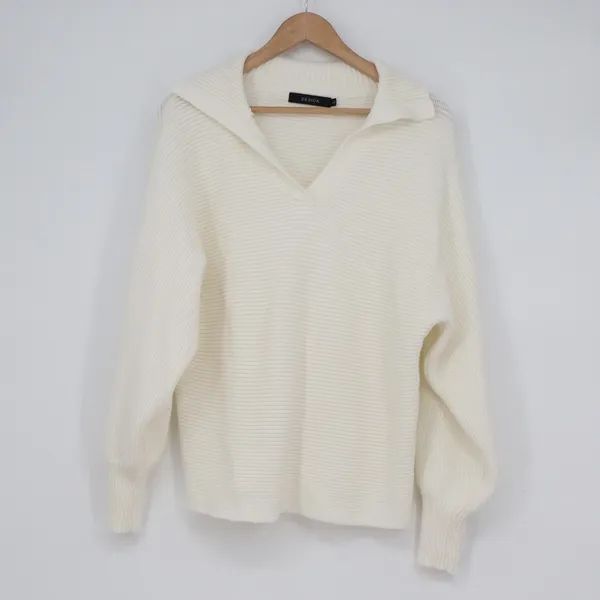 ZESICA Womens Off White Ribbed Knit Collared V-Neck Pullover Sweater Size L - Image 2