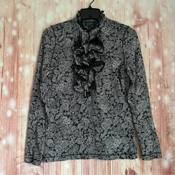 Lauren Ralph Lauren Black White Paisley Ruffle Front Long Sleeve Blouse Sz S - Image 2