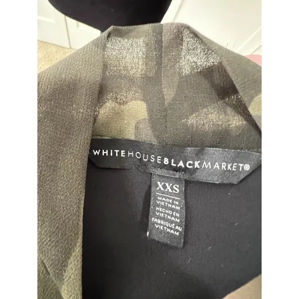 White House Black Market Camo Tie Neck‎ Puff Shoulder Blouse XXS Olive Green - Image 8
