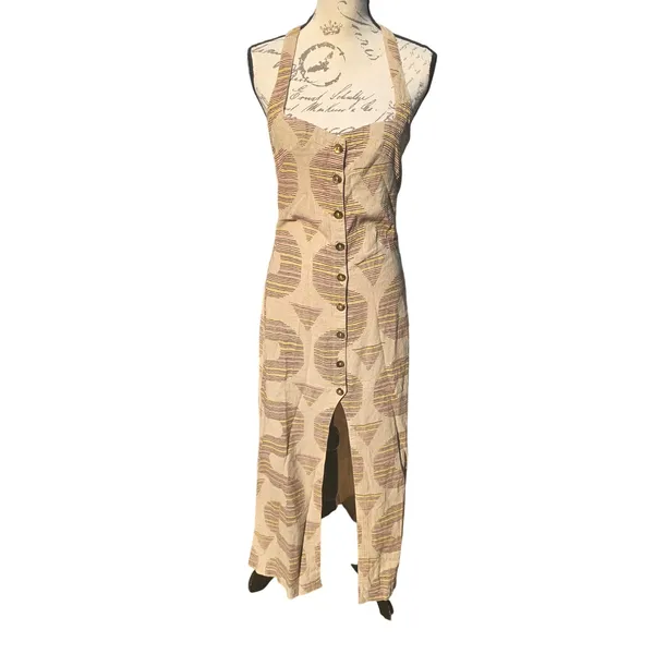 Anthropologie NWT Celandine Linen Halter Button-Front Maxi Dress‎ Beige XS - Image 2