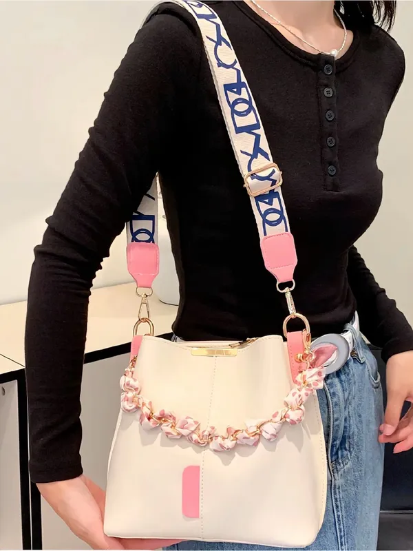 Beige and Pink Women’s Shoulder Bag with Braided Scarf Detail - Image 3