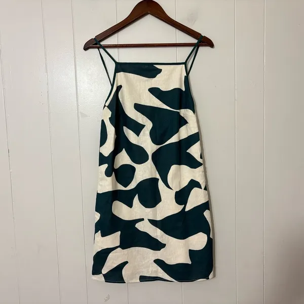 NWT Abercrombie & Fitch Linen Blend Abstract Mini Dress Green White S - Image 3