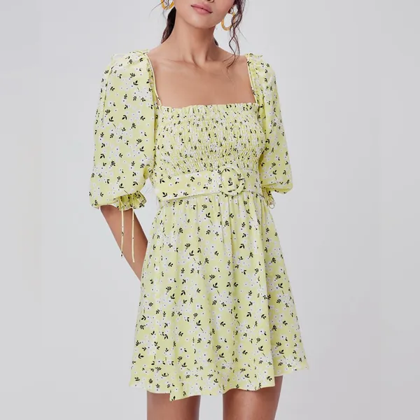 For Love & Lemons Chrysanthemum Mini Dress Lemonade Yellow Floral Medium - Image 2