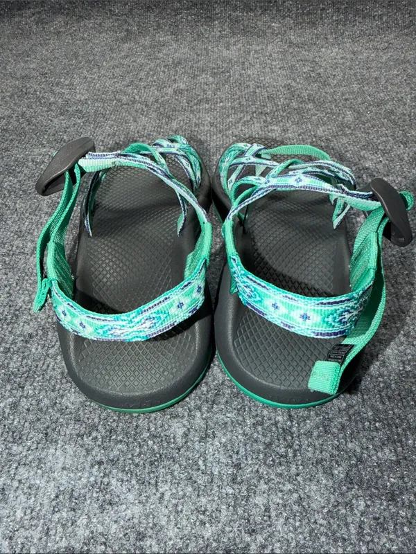 Chaco ZX/2 Classic sandals in a teal/mint green & purple pattern with toe loop. - Image 5