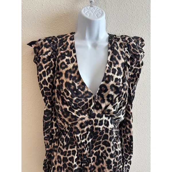 NWT‎ Farm Rio Leopard Maxi Dress XS Brown Animal Print Puff Sleeve V-Neck - Image 8