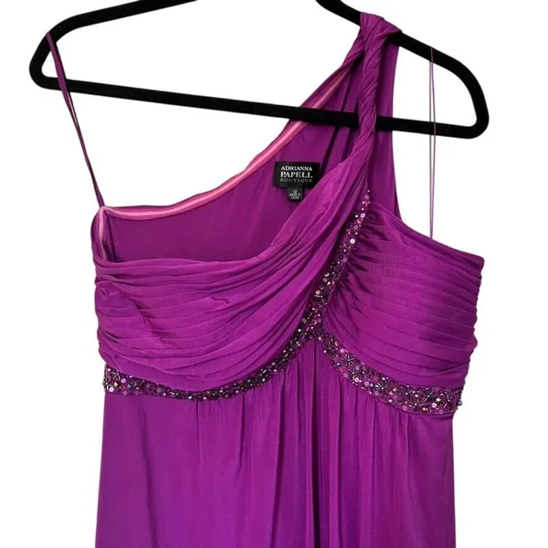 Adrianna Papell Boutique One Shoulder Formal Gown Sz 12‎ Purple Beaded - Image 2