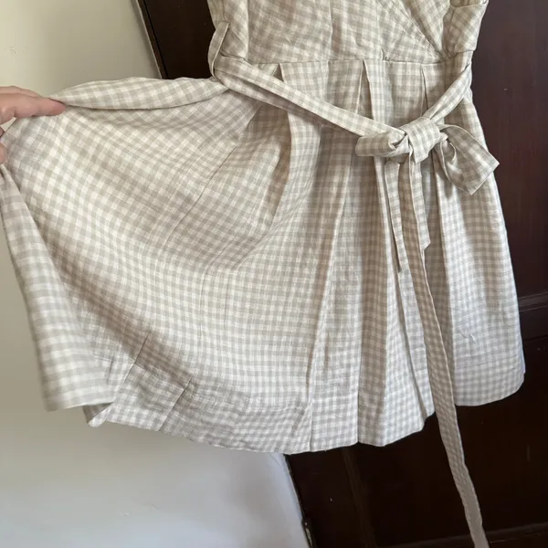 DONNA KARAN New York Tan Gingham LInen Faux Wrap Dress V Neck Size 14 - Image 3