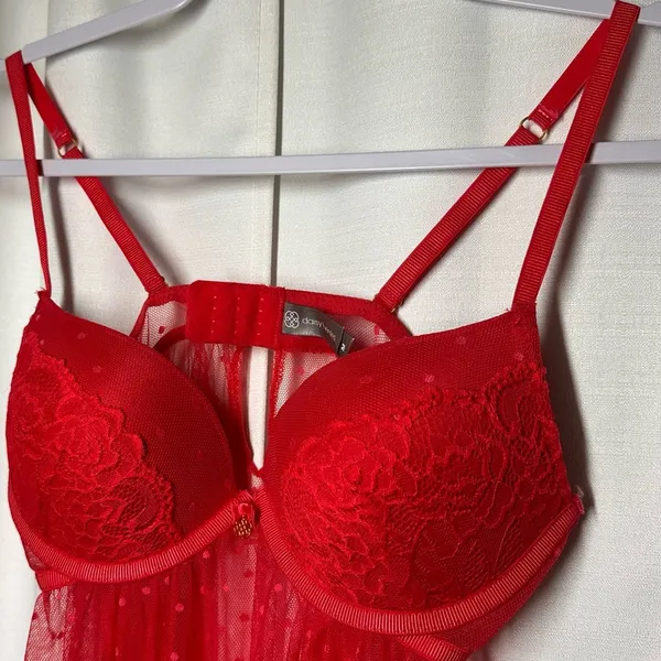 Daisy Negligie Red Sexy Sheer Lace M Babydoll Top Fairy Nightgown Lingerie Y2K - Image 2