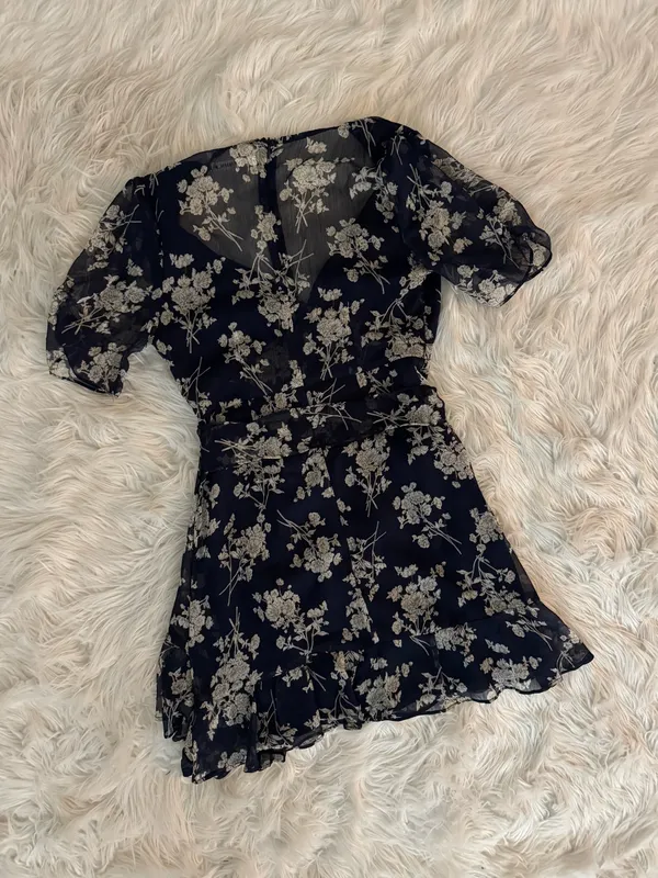Navy Floral Wrap Mini Dress - Image 3