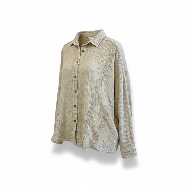 Easel Women's Beige Textured Crinkle Gauze Button Up Shirt Top Medium‎ - Image 2