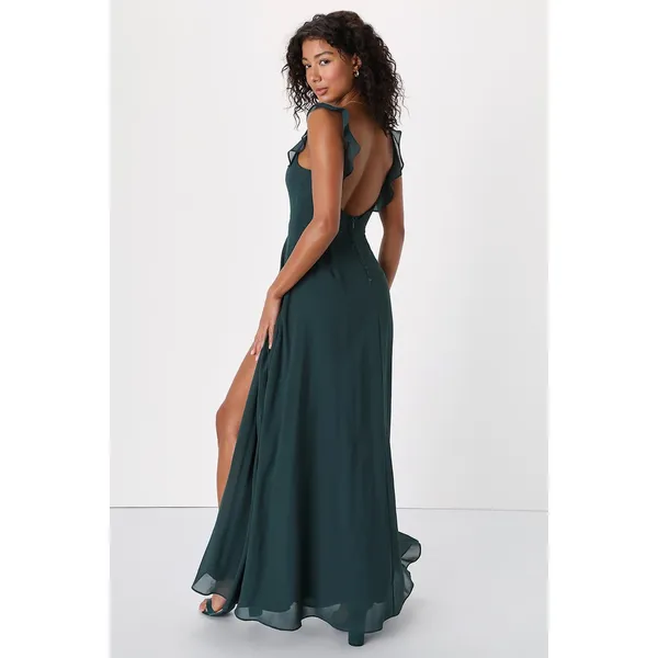 NWT Lulus Dreamy Admiration Emerald Green Ruffled Maxi Dress Bridesmaid Size M - Image 3
