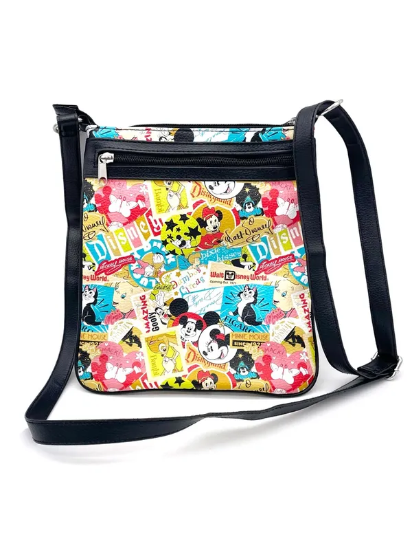 Disney Parks Mickey & Friends Crossbody Bag Retro Collage Print Adjustable Zip - Image 3