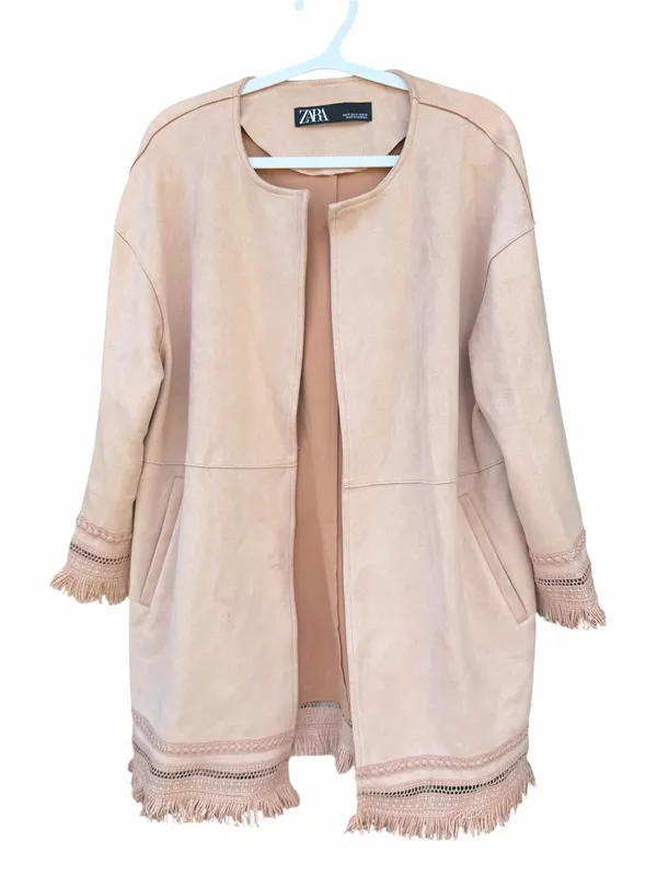 Zara Faux Suede Fringe Jacket Women M Blush Pink Open Front Boho Festival - Image 3
