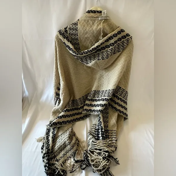 Cost Plus World Market Beige and Black Knit Shawl - Image 2