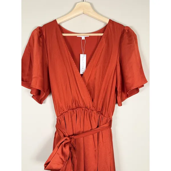 Baltic‎ Born Rust Orange Satin Maxi Wrap Dress Flutter Sleeve Tie Waist wedding - Image 3
