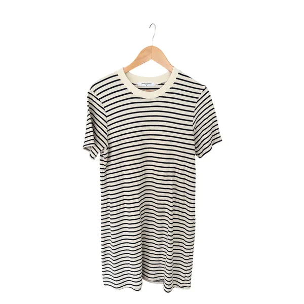 PerfectWhiteTee Striped Cotton T-Shirt Dress Small Cream Navy Short Sleeve USA - Image 4