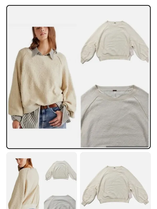 Free People Cream Textured Balloon-Sleeve Crewneck Sweater - Image 3