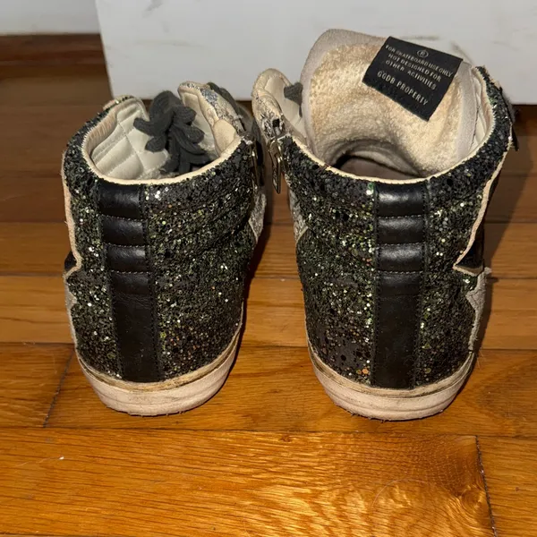 Golden Goose High-Top Sneakers in Gray & Green Sparkles - Image 11