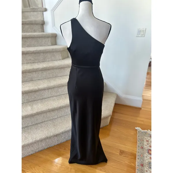 BHLDN Dylan Anthropologie Black Satin One Shoulder Sheath Slit Bridesmaid Gown - Image 4