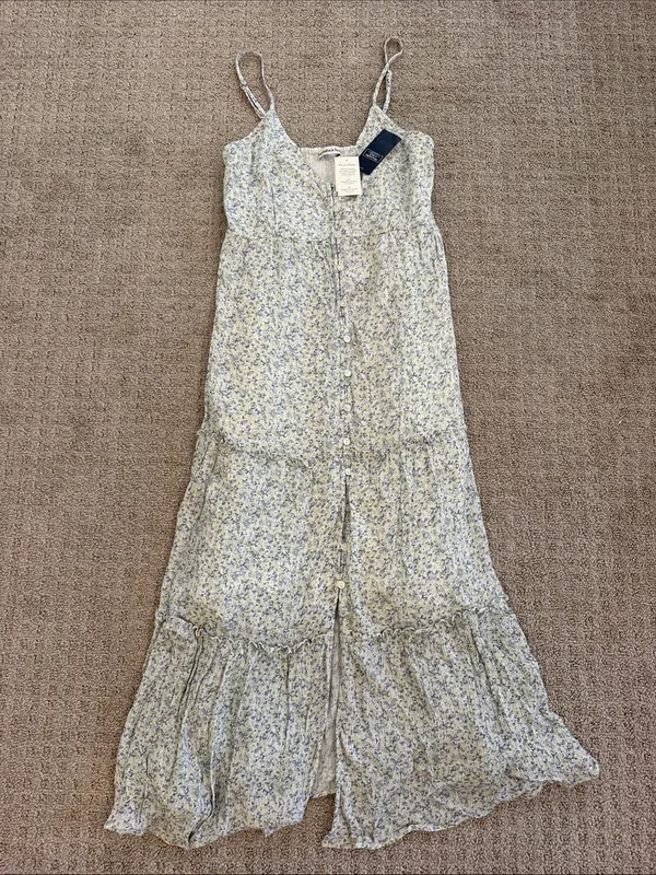 Abercrombie & Fitch Light Blue Floral Tiered Spaghetti Strap Midi Dress XS - Image 7