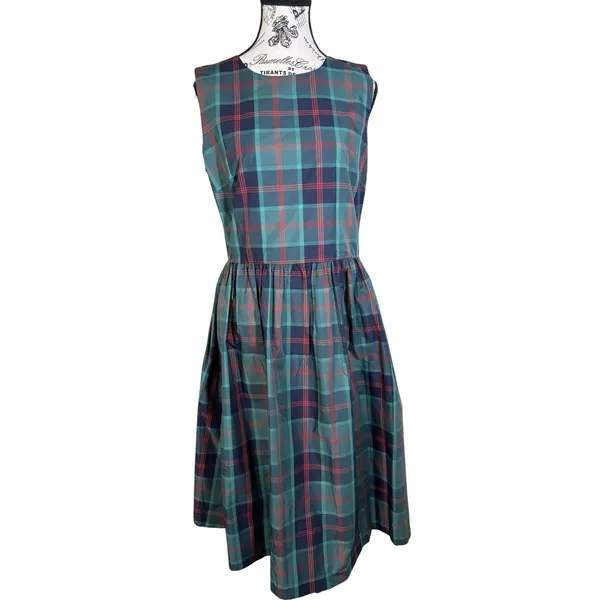 Women's Plaid Midi Dress Green Blue Size M Sleeveless Fit & Flare Tartan Preppy - Image 2