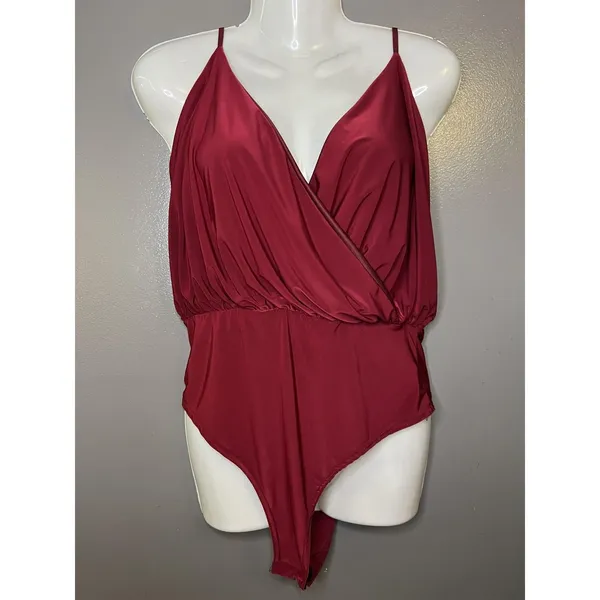 Boohoo Night Bodysuit Womens 10 Red Satin Plunge Wrap Adjustable Straps - Image 2