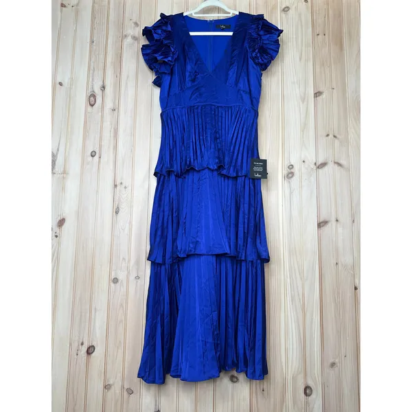 Lulus Stunning Desire Cobalt Blue Satin Pleated Tiered Midi Dress Wedding Medium - Image 2
