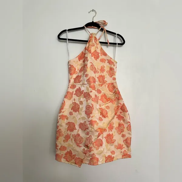 Lulus Gorgeous Yellow Floral Jacquard Halter Mini Dress - Image 3