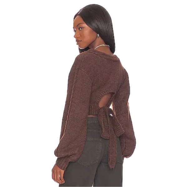 For Love & Lemons Cropped Amelia Sweater Chic Brown Knit with Back Tie Size XL - Image 11