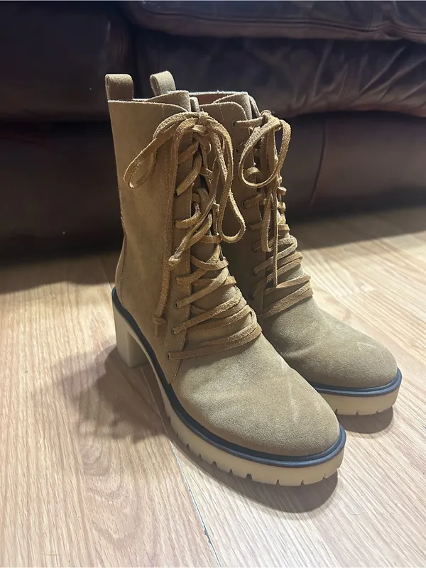 INA Mi.im Tan Suede Lace-Up Chunky Heel Ankle Boots - Image 4