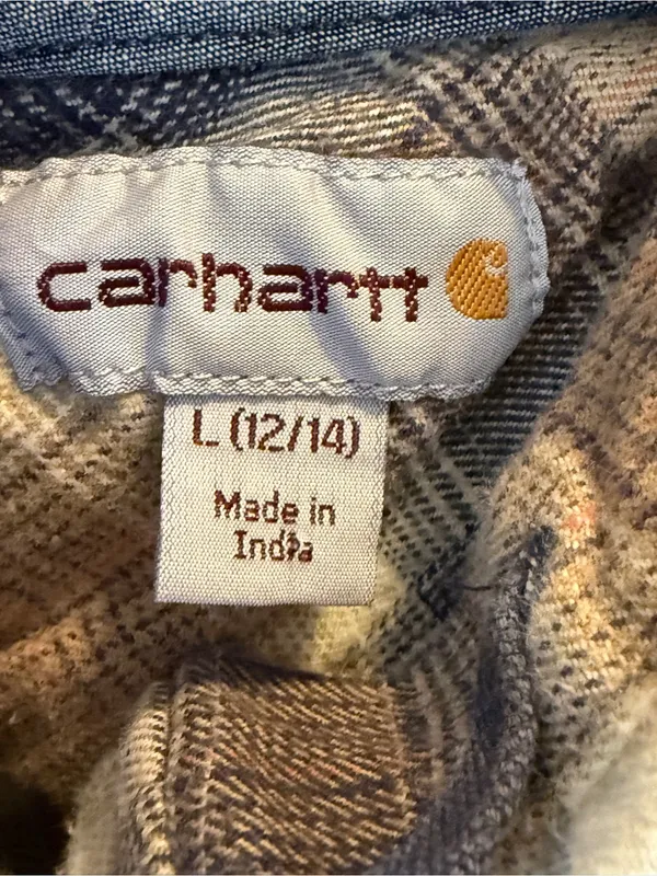 Carhartt Women’s L 12/14 Hooded Plaid Flannel Shirt Brown Blue Button Front - Image 8