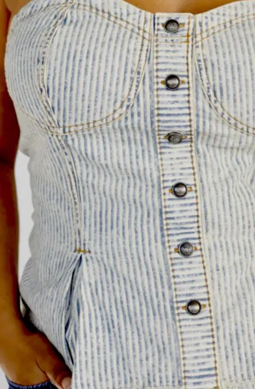 Anthropologie BUTTONDOWN STRIPE DENIM PEPLUM CORSET by PILCRO - Image 2