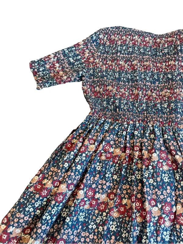 Ivy City Co Navy Burgundy Floral Smocked Midi Dress Boho Chic Day Medium Women's - Image 10