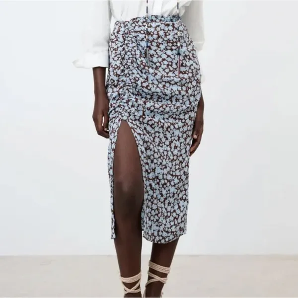 NWT Zara Draped Floral Print Skirt Brown‎ Blue - Image 2