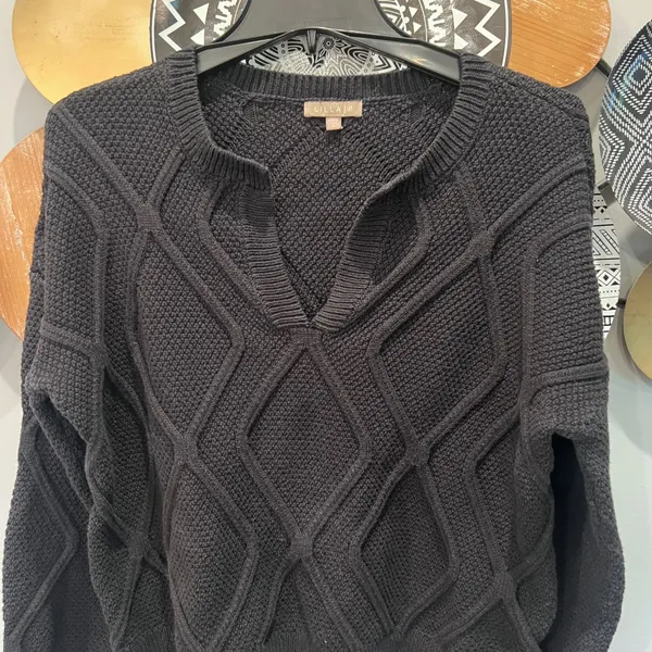 Lilla P Womens Black Diamond Textured Knit Split Neck Sweater Size S PA1929‎ - Image 2