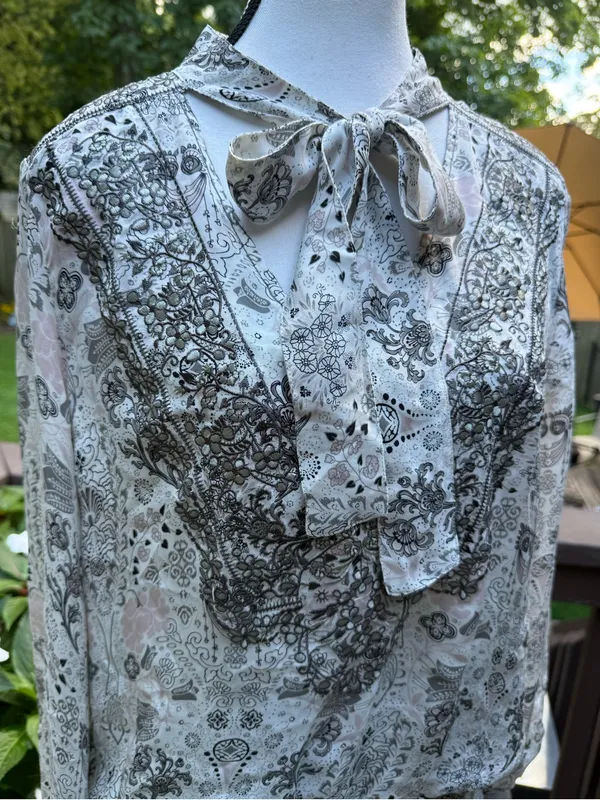 Parker Silk Tie Neck Blouson Dress size L cinched waist Balloon Sleeve 100% Silk - Image 3