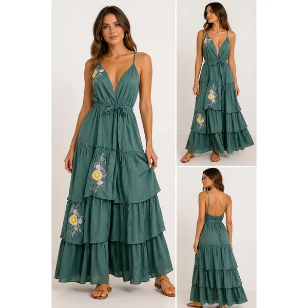 Anouk Grewal‎ Green Maxi Dress Embroidered Lemon Tiered Sleeveless Medium - Image 2