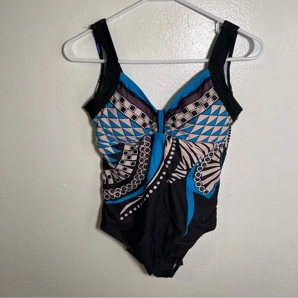 Women's Size Medium‎ One Piece Swimsuit Black Blue Beige Geometric V-Neck - Image 3