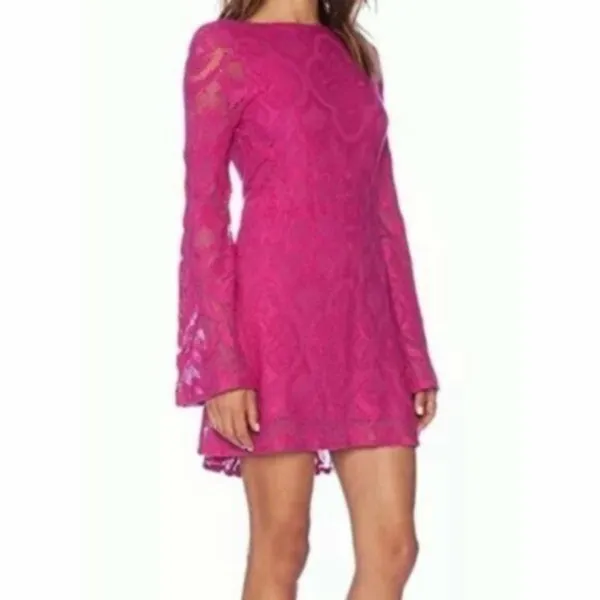Nightcap Mini Dress Large Pink‎ Lace Open Back Bell Sleeve Boho Boatneck New NWT - Image 2